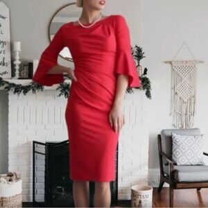 NWT Joseph Ribkoff Red Crepe Ruched Boatneck 3/4 Bell Sleeve Lined Midi Dress